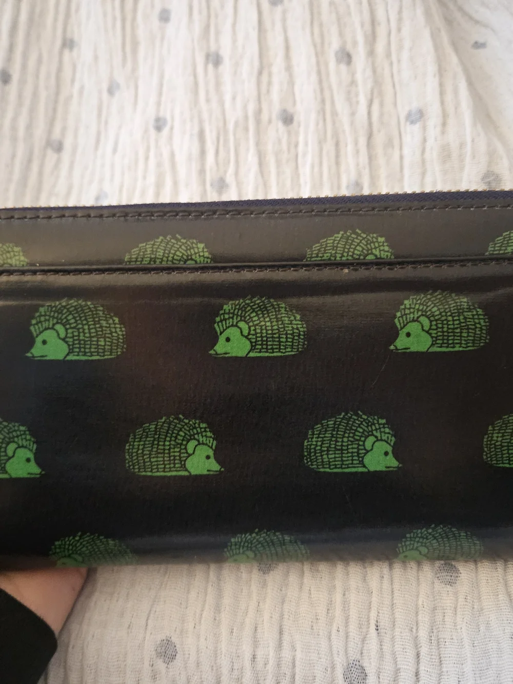 Kate Spade Black Checkbook Wallet with Green Hedgehog Print